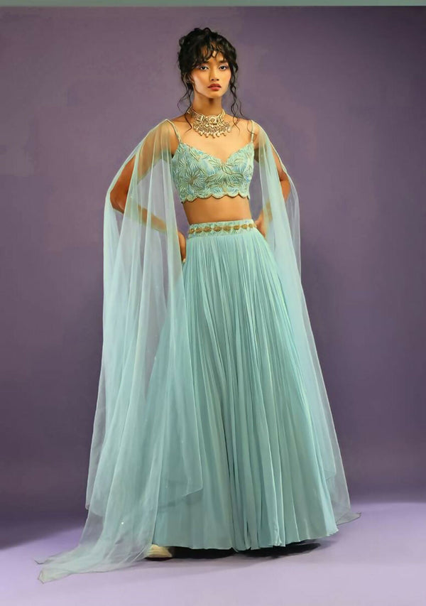 Jyoti Fashion Glamorous Turquoise Crush Work, Sequins, Zari with Dori Embroidered Faux Georgette Lehenga Choli with Dupatta - Distacart