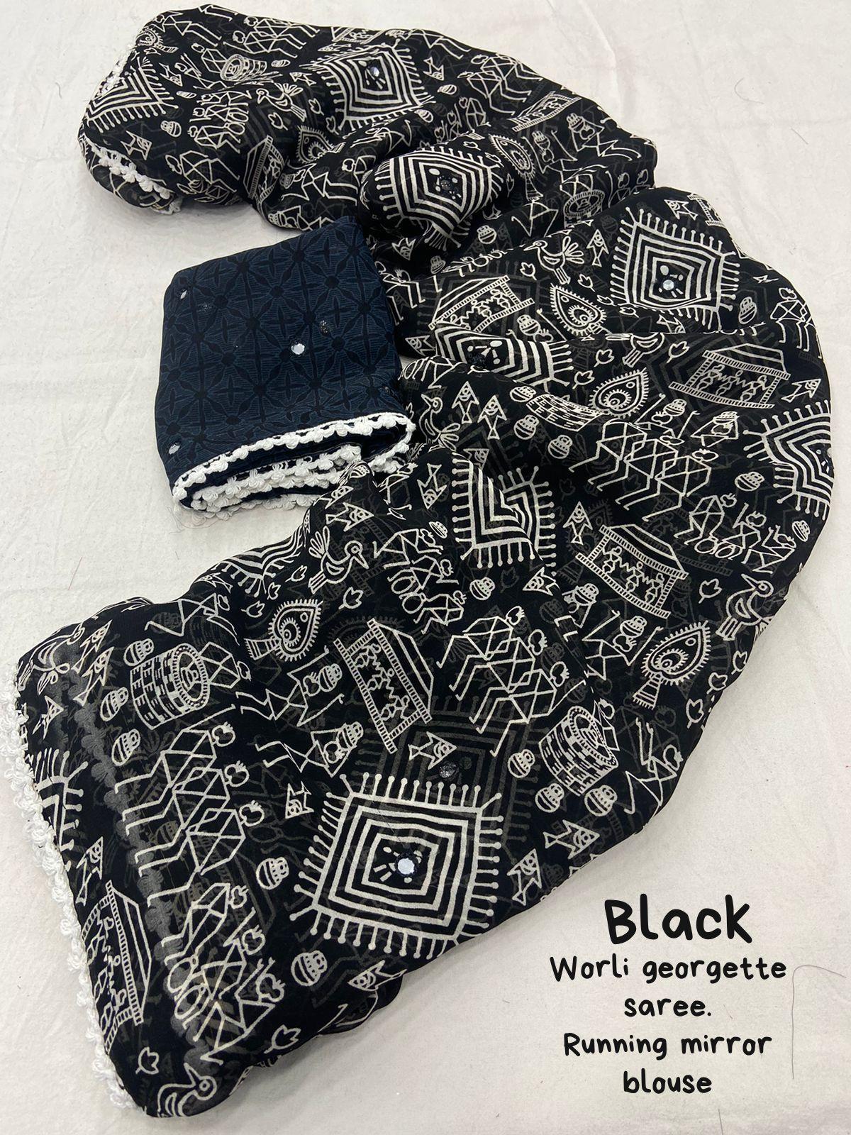 Black Poly Georgette Ethnic Motifs Saree with Unstitched Blouse - Hiral Fashion - Distacart