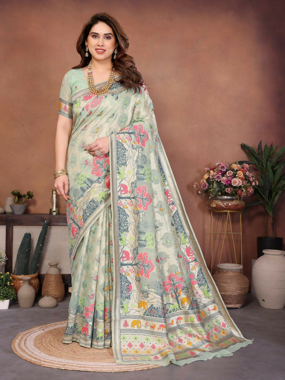 Teeya Creation New Latest Trendy Wedding Wear Pashmina Silk Saree-Light_Green - Dista