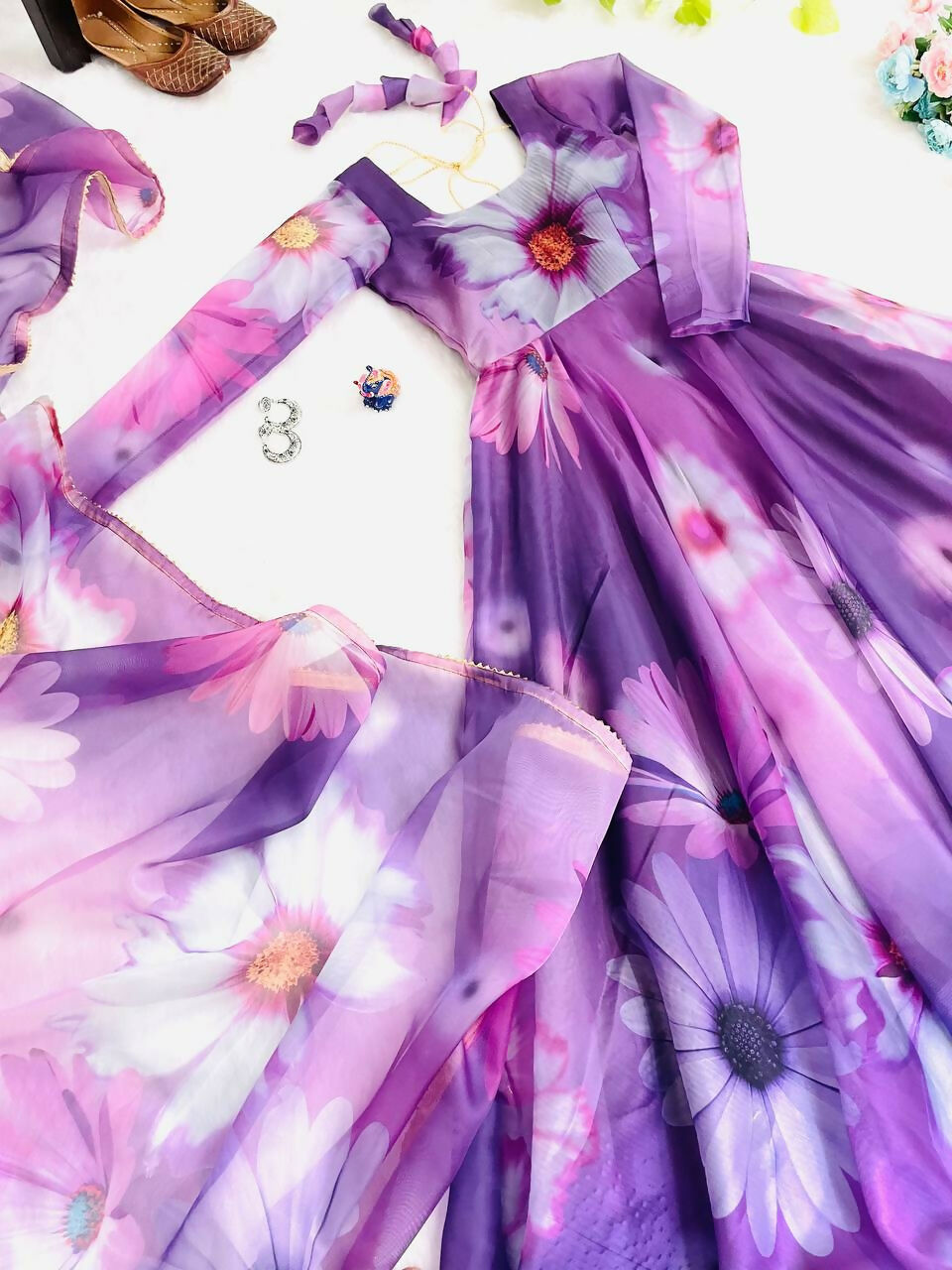 Preksha Creation Presenting By New Party Wear Look Organza Tabby Silk Gown With Dupatta - Light Purple - Distacart
