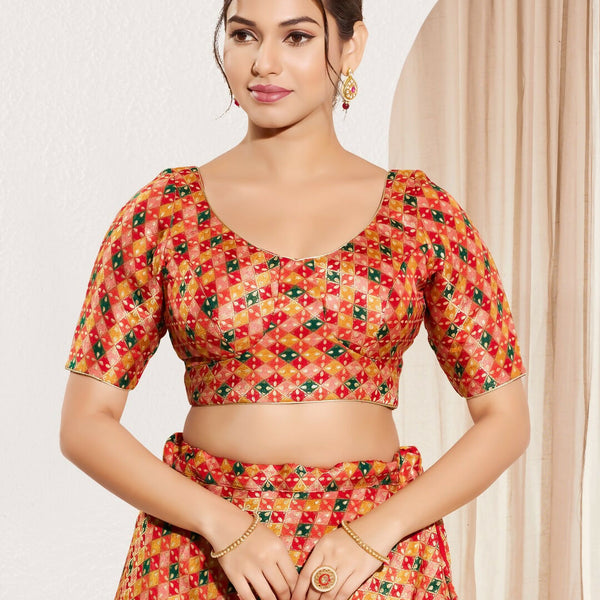 Joban Fashion Red Jacquard Padded Blouse With Round Neck Elbow Sleeves - Distacart