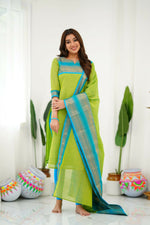 Thumbnail for Divine Drape Women's Cotton Printed Straight Kurta With Dupatta - Light Green