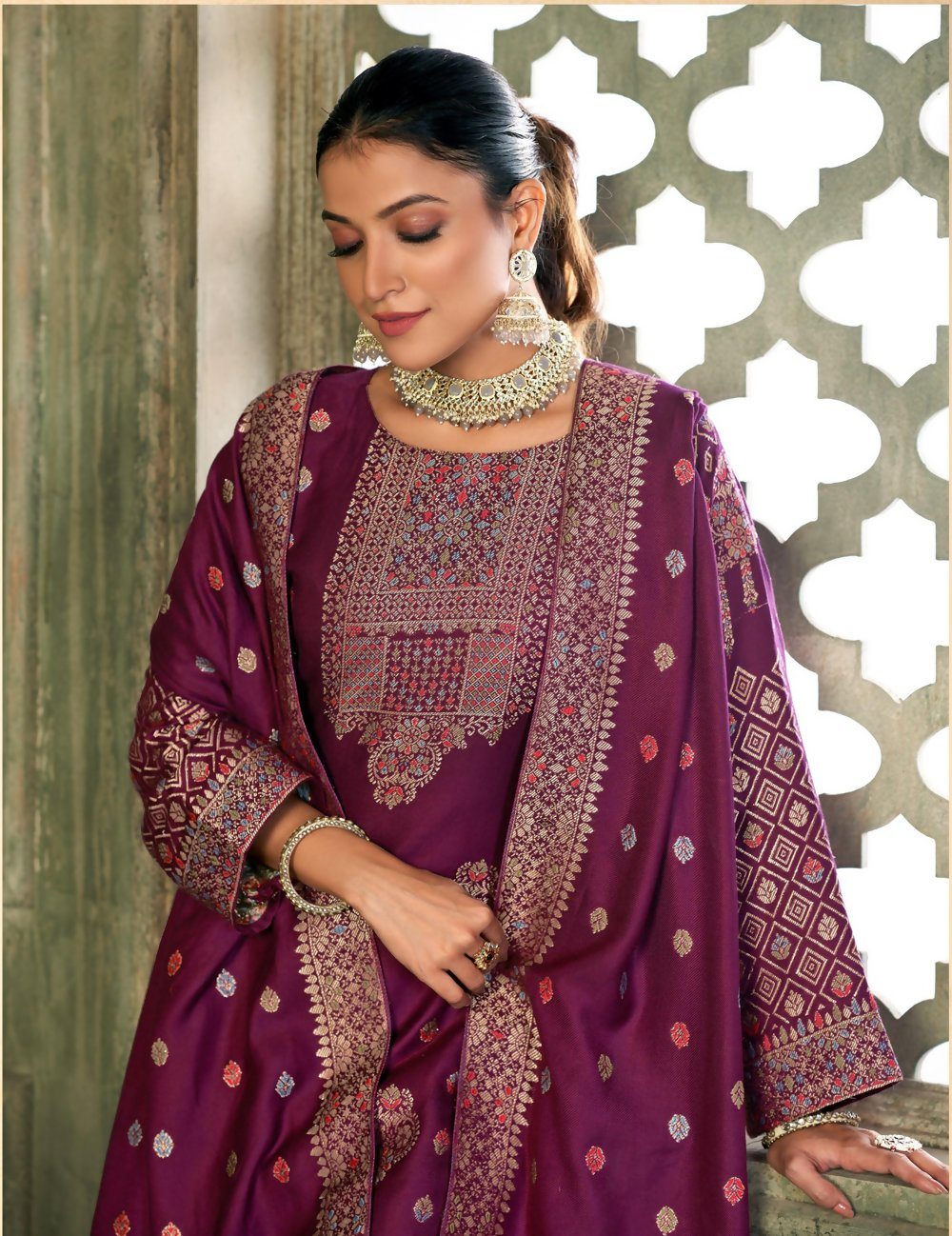 Purple Viscose Pasmina Mina Work Kurta & Bottom with Dupatta - Paridhi - Distacart