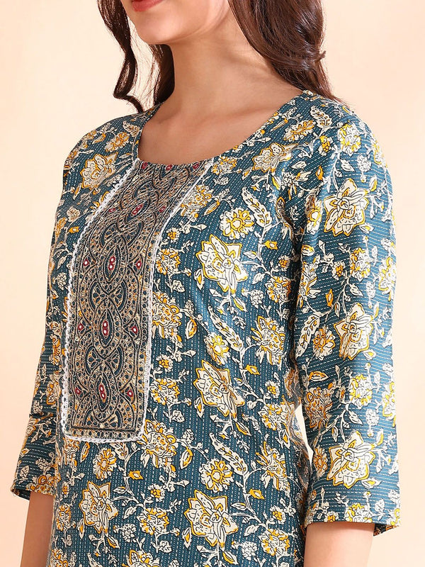 Ode by House of Pataudi Printed Mirror Work Pure Cotton Kurta With Trousers & Dupatta - Distacart
