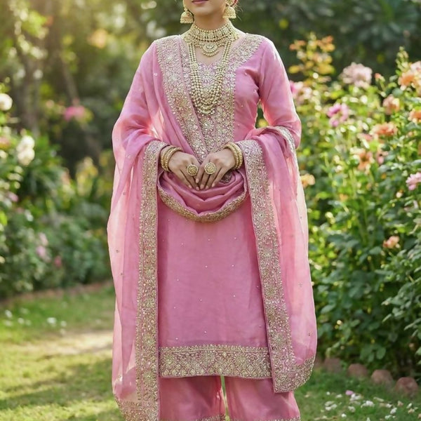 Teeya Creation Baby Pink Color Fendy Silk Embroidery Work Wedding Wear Salwar Suit - Distacart
