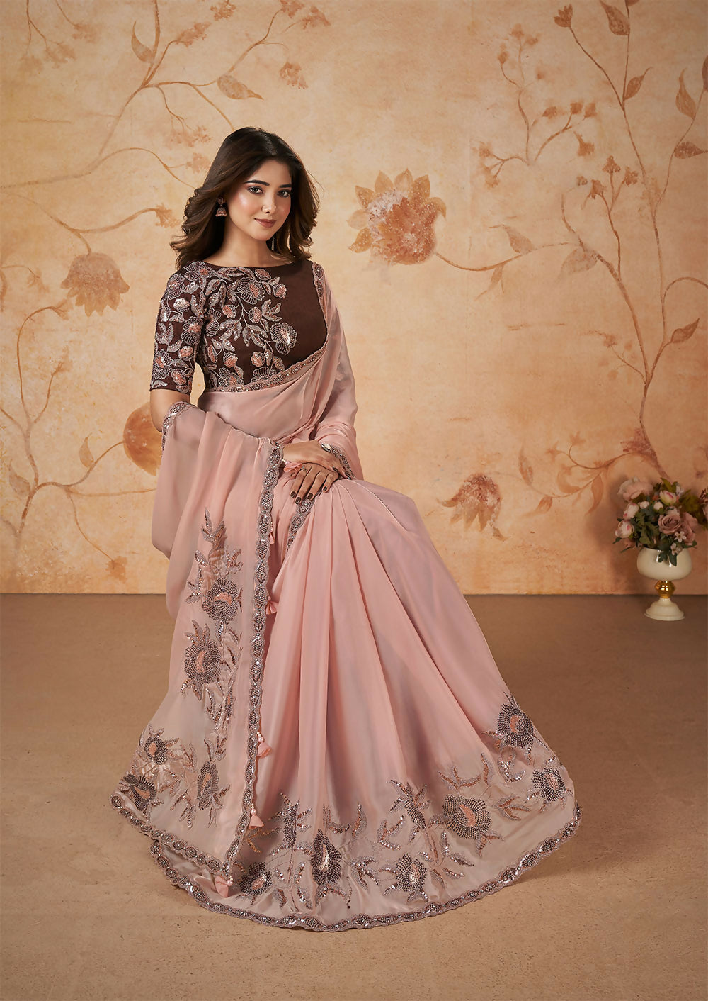 Peach Crepe Satin Silk Thread, Sequence, Cord Embroidered with Stone Work Saree - Mohmanthan Dakshika - Distacart