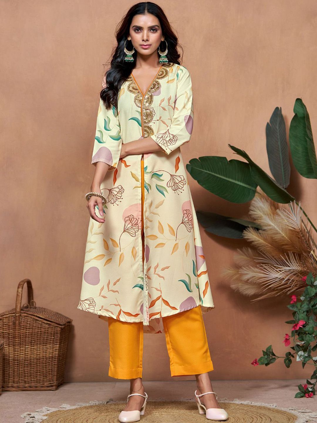 Sangria Off White Floral Printed V-Neck Three-Quarter Sleeves A-Line Kurta & Trouser