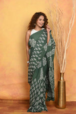 Thumbnail for Very Much Indian Handblock Printed Cotton Saree With Natural Dyes - Green - Distacart