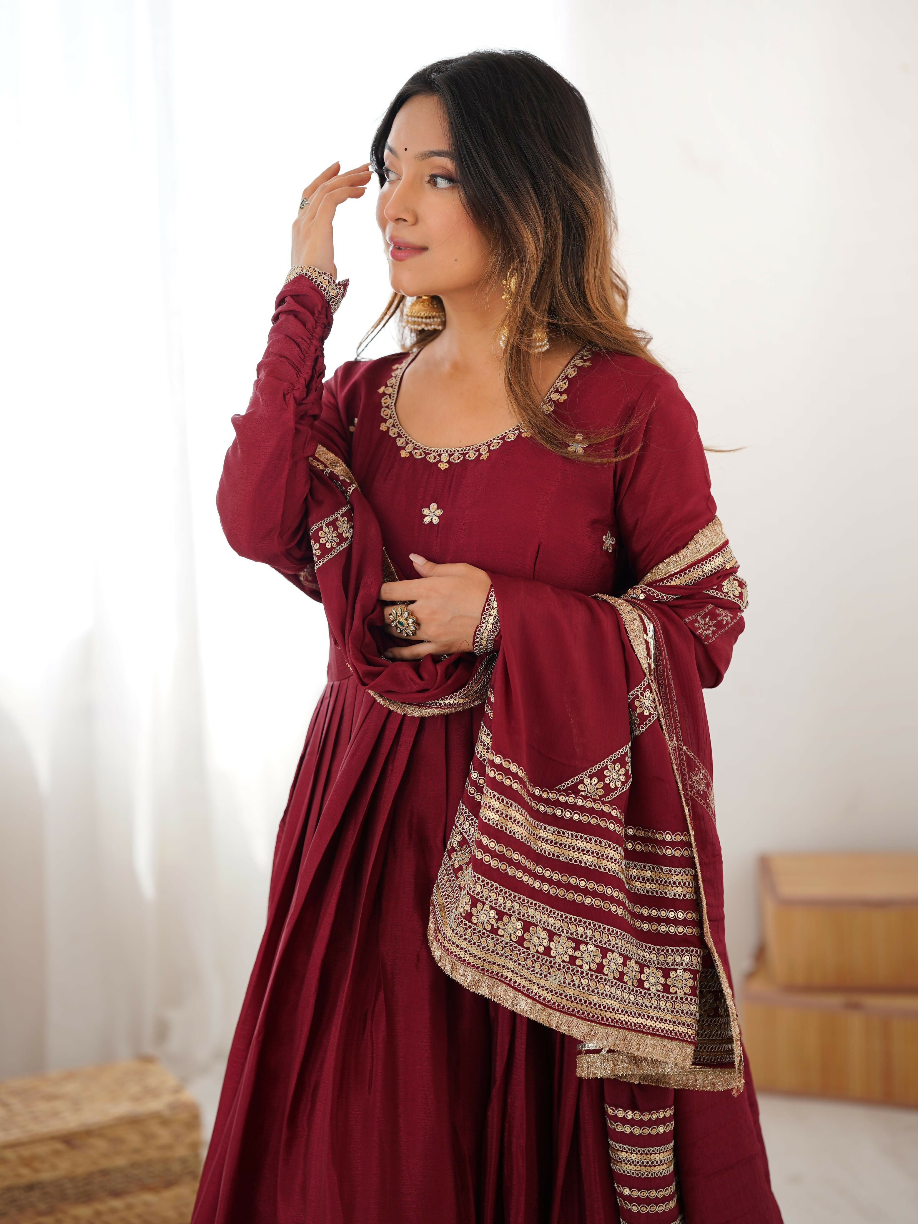 Joban Fashion Maroon Kurta set with Pant Chinon silk Thread with Sequins work