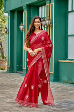 Thumbnail for Vastranavya Red Embroidery Work Shimmer Chiffon Saree with Unstitched Blouse