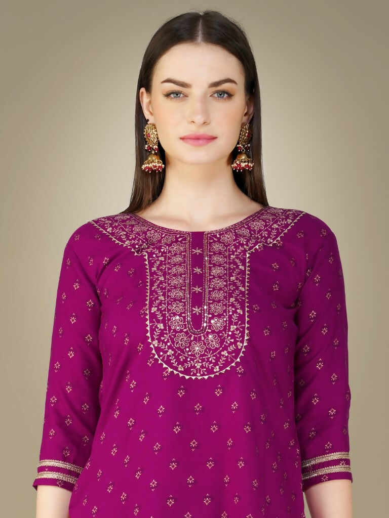 Jyoti Fashion Women's Purple Cotton Magic Slub Embroidery & Sequence work Kurta with Trouser & Dupatta - Distacart