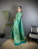 Thumbnail for Joban Fashion Rama Green Floral & Paisley Motifs Soft Satin Silk Banarasi Saree - Distacart