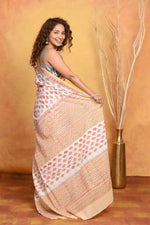 Thumbnail for Very Much Indian Handblock Printed Cotton Saree With Natural Dyes - White Peach - Distacart