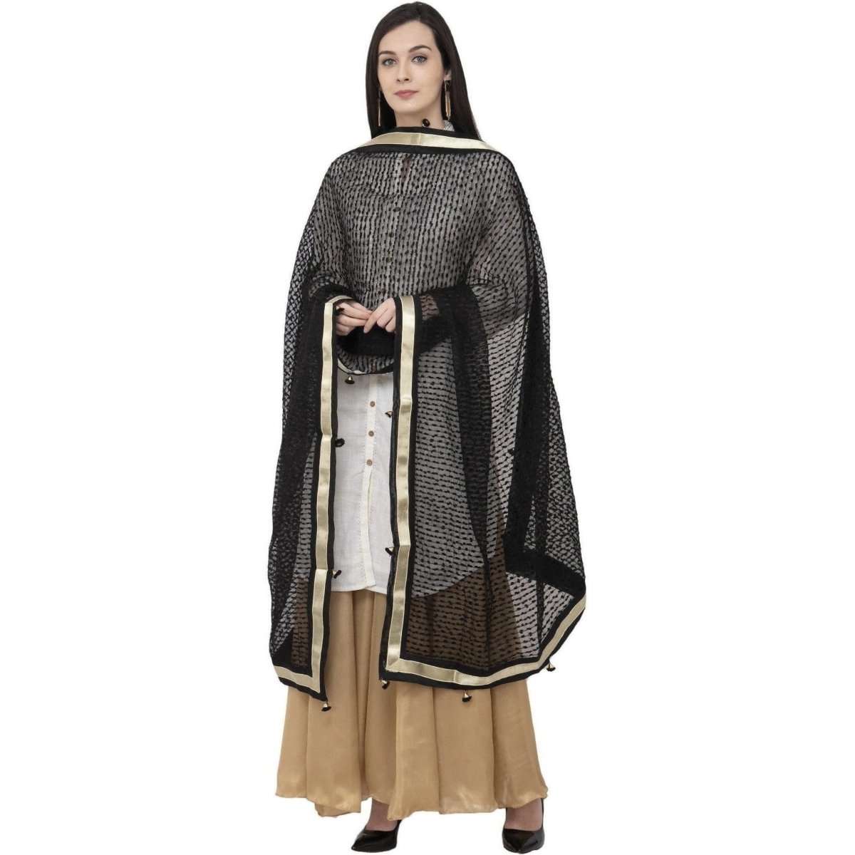 A R SILK Payal Pum Pum Fancy Dupatta Black Color Dupatta or Chunni