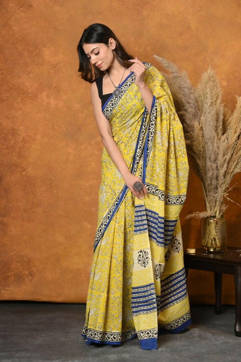 Very Much Indian Handblock Printed Cotton Saree With Natural Dyes - Green - Distacart