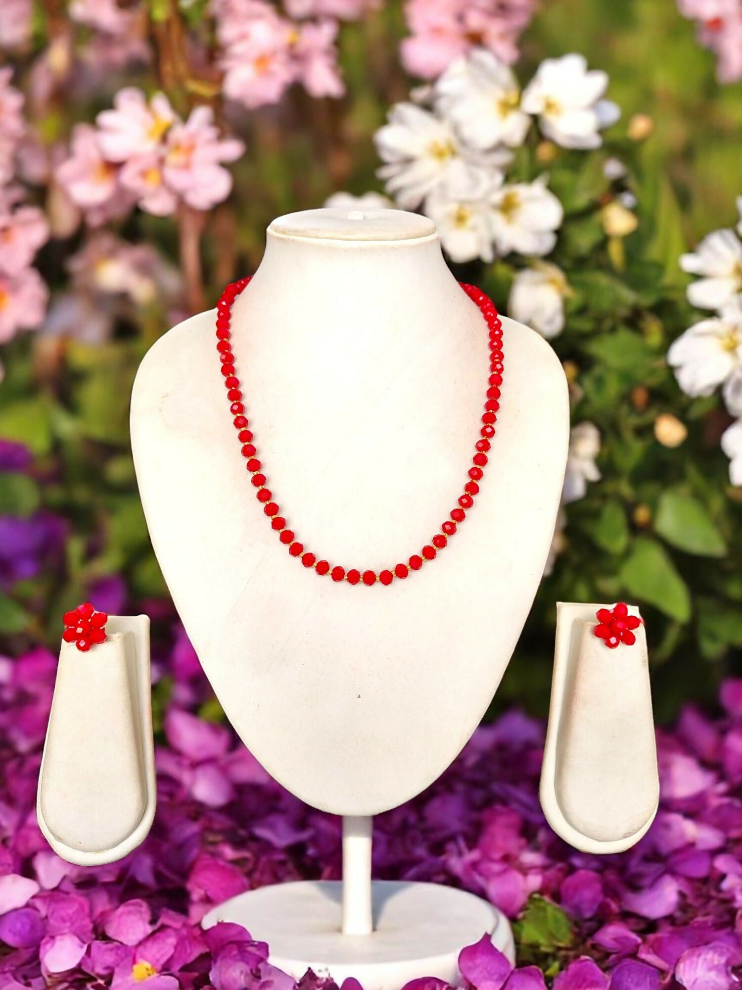 Inhanns Crystal Bloom – Single Line Necklace + Studs - Dark Red - Distacart