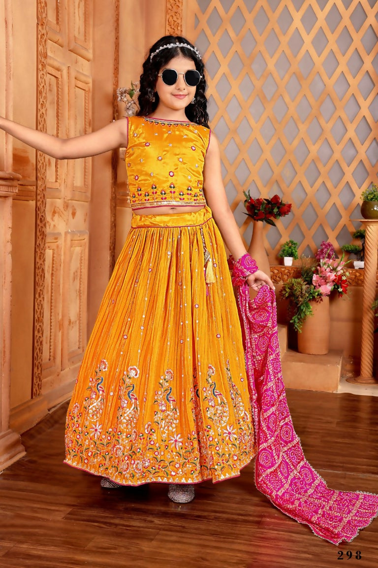 Kids Functional Designer Mustard Chinon Fab Lehenga choli - Aaradhna - Distacart