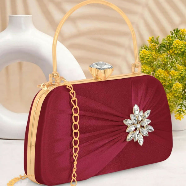 Joban Fashion Luxurious Satin Evening Clutch With Detachable Chain Strap - Maroon - Dista
