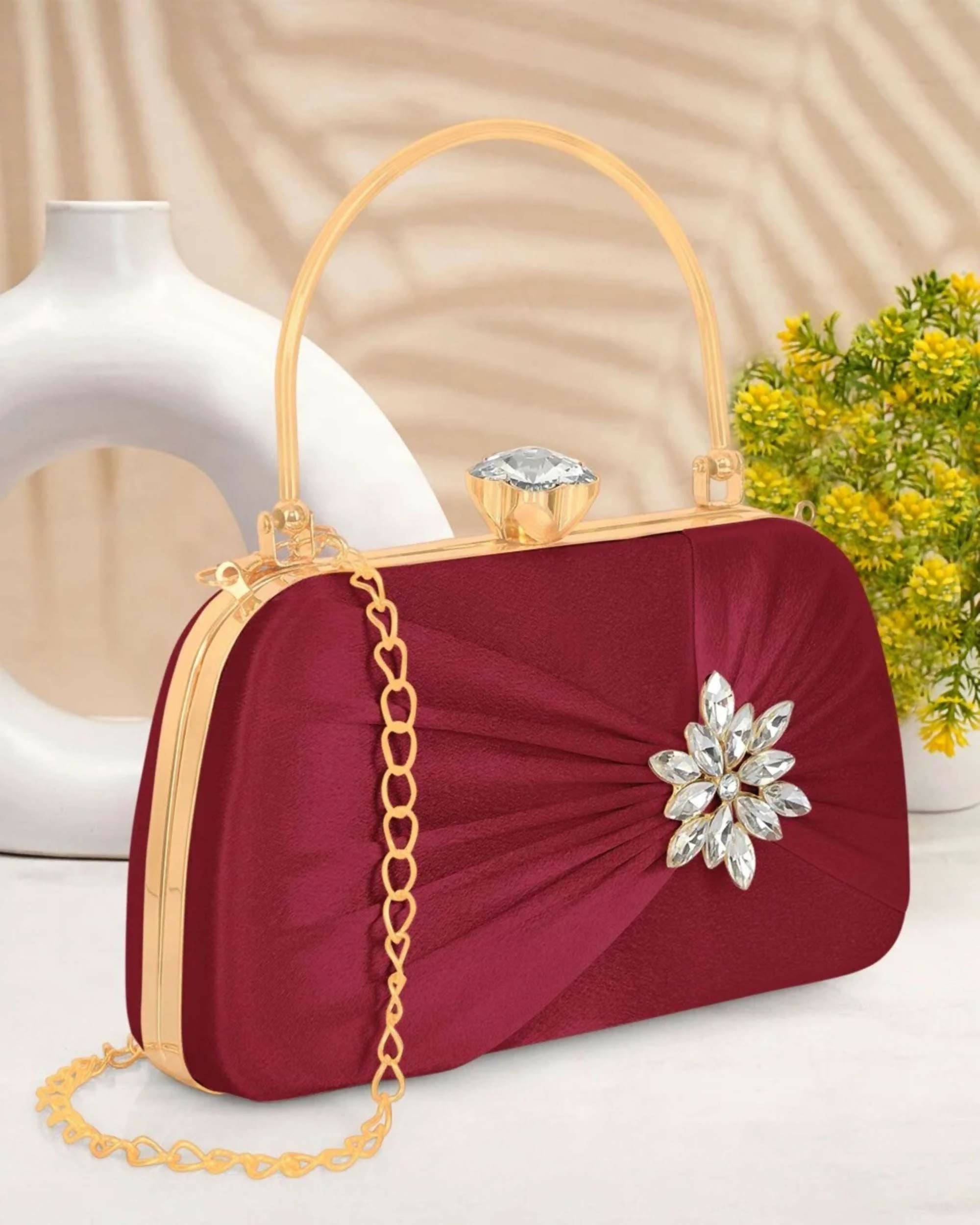 Joban Fashion Luxurious Satin Evening Clutch With Detachable Chain Strap - Maroon - Dista