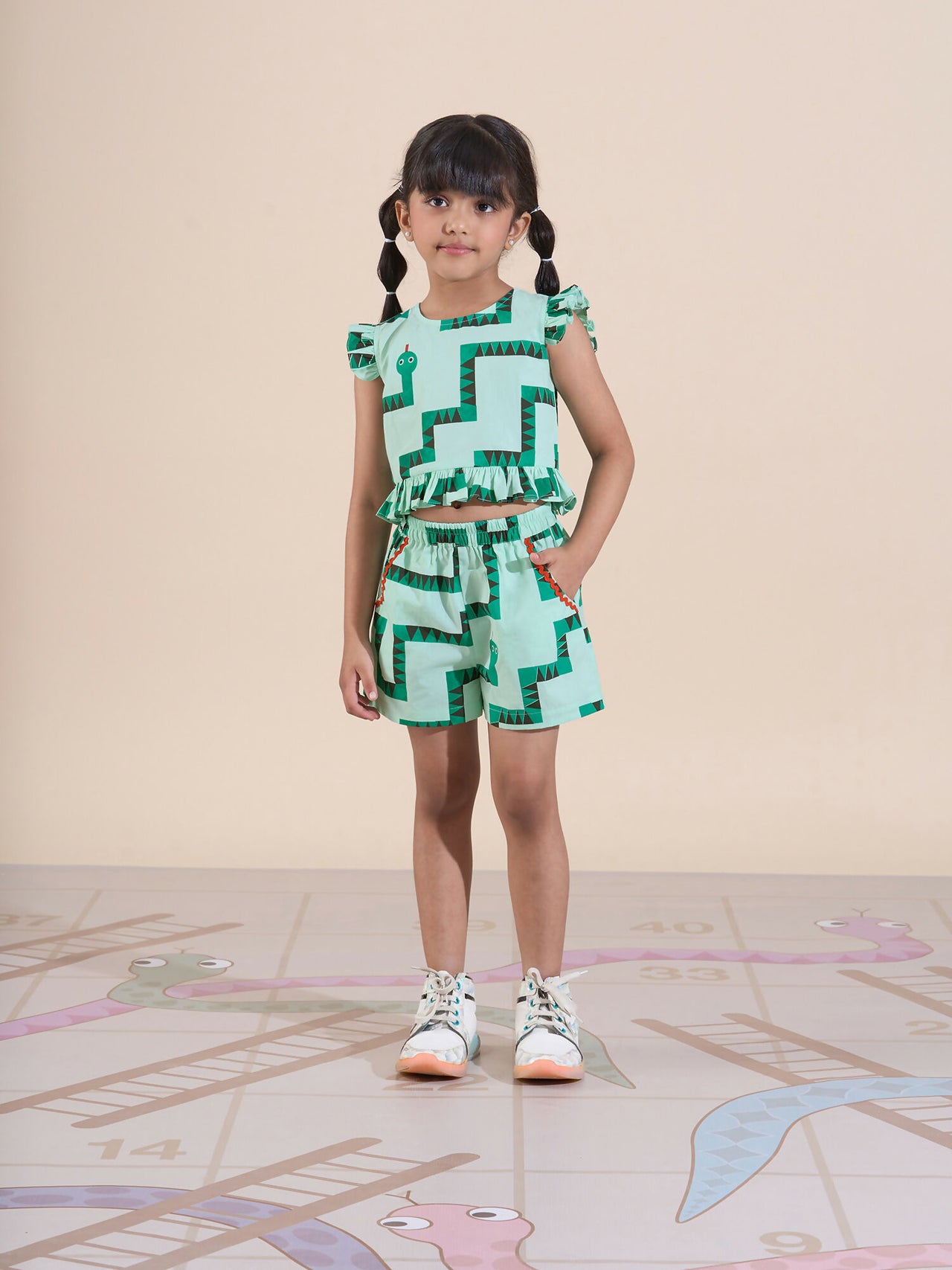 Snakes and Ladders Girls Green Table Print Top and Shorts Sets from Siblings Collection - Distacart