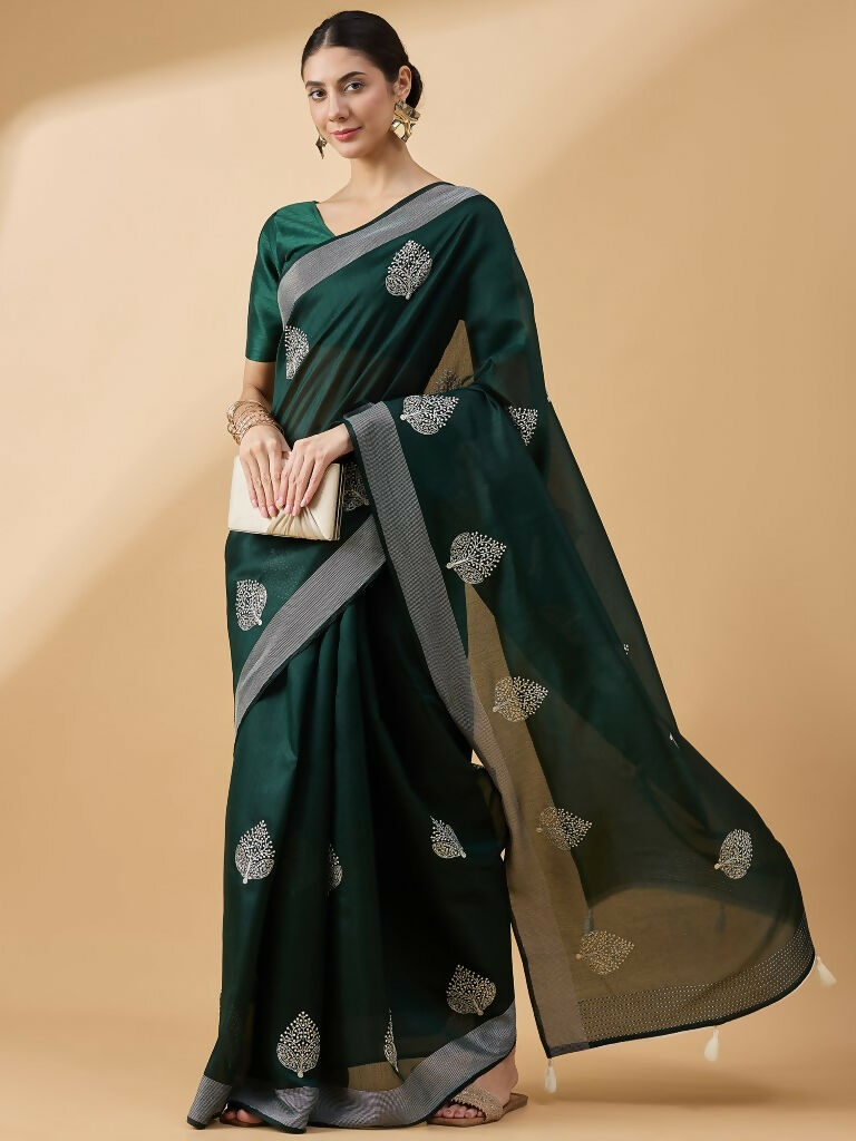 Green Cotton Blend Thread Embroidered Saree with Unstitched Blouse - Satya - Distacart