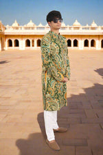 Thumbnail for Souchii Men Green & Mustard Pure Cotton Paisley Printed Straight Kurta