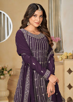 Thumbnail for Faux Georgette Purple Embroidered Gharara Style Suit - Emponline - Distacart