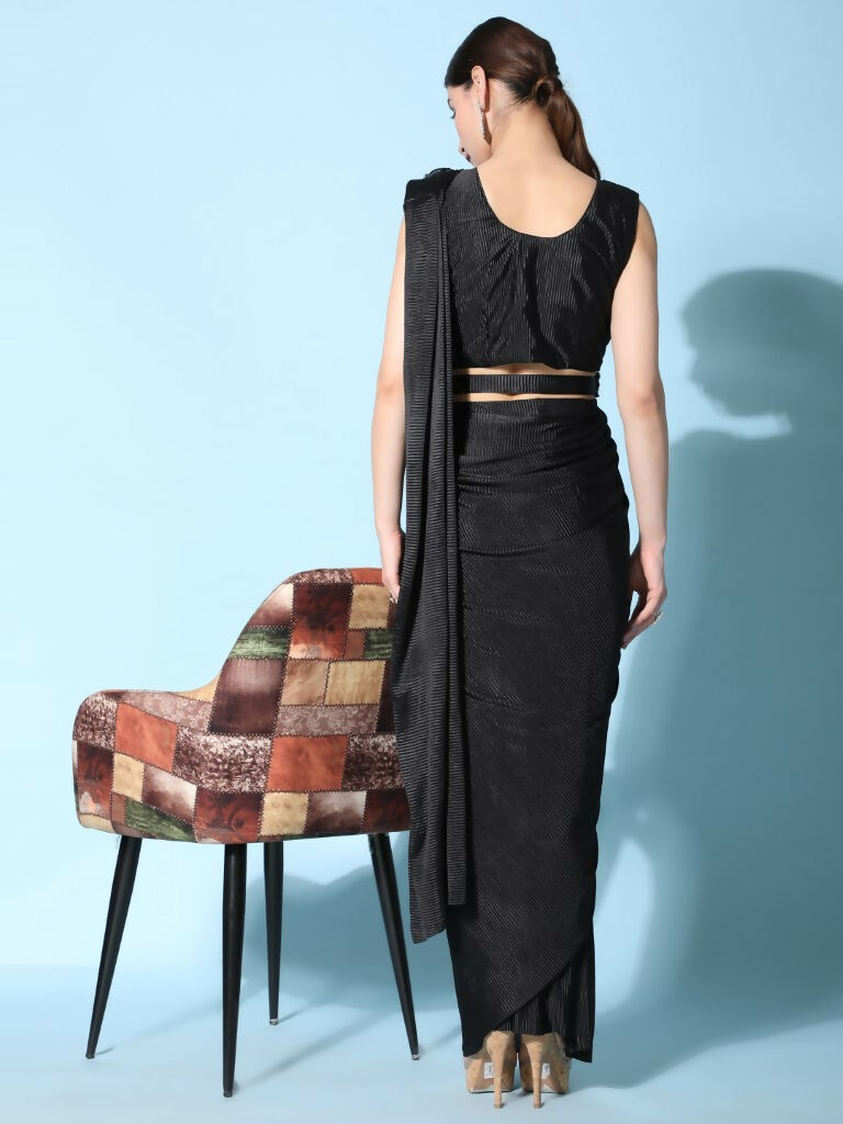 Black Imported Crush Lycra Texture Pattern Ready to Wear Saree with stitched Blouse - Nirvana - Distacart