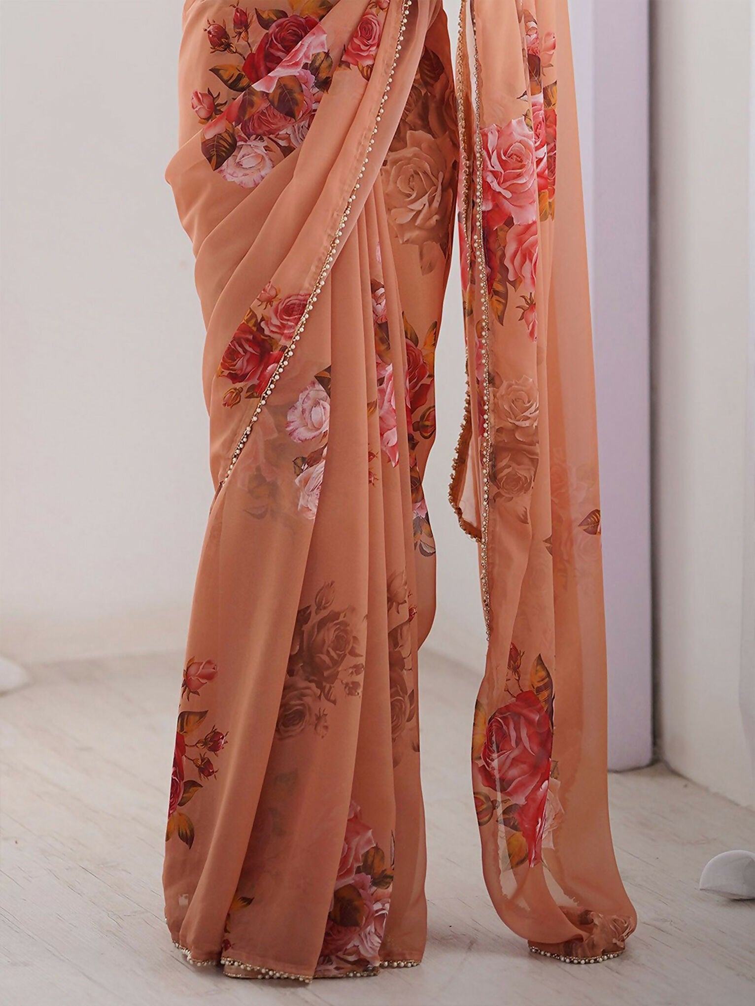 Traditional Partywear Peach Georgette Fancy Saree-Pavitra