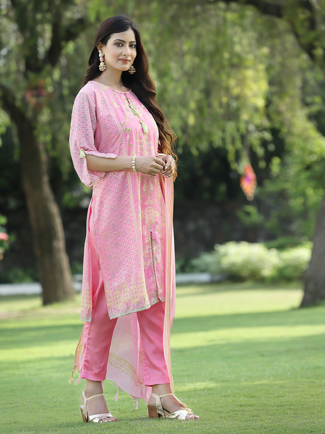 Juniper Pink Ethnic Motif Printed Georgette Kurta Pants & Dupatta Set With Tassels & Lace - Distacart