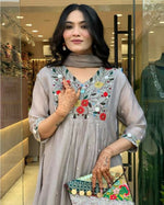 Thumbnail for The52 Grey Women's Gorgeous Chinon Viscose Fabric Embroidered Work Straight Kurta Pant and Dupatta Set - Distacart