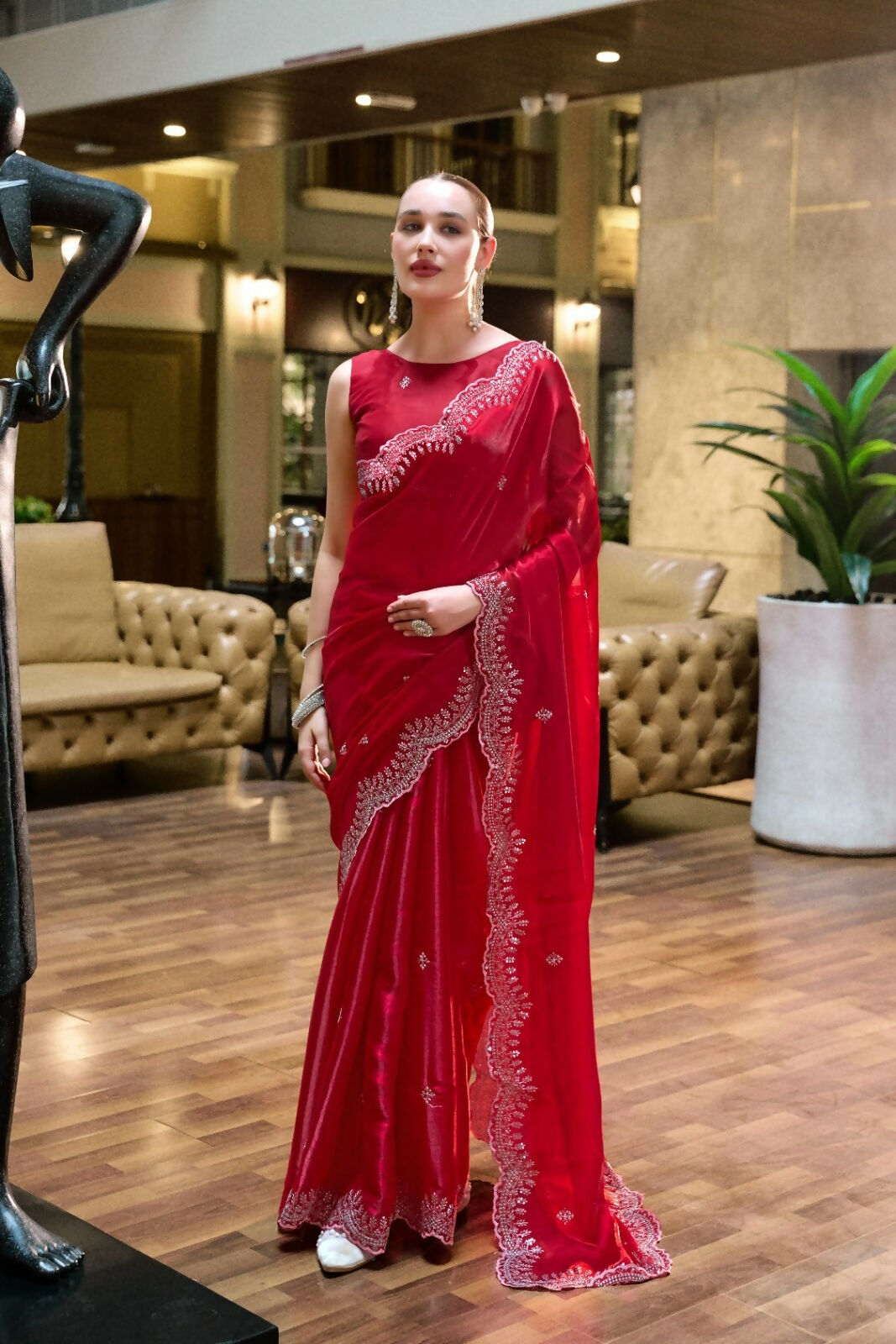Vastranavya Red Embroidery Work Shimmer Chiffon Saree with Unstitched Blouse