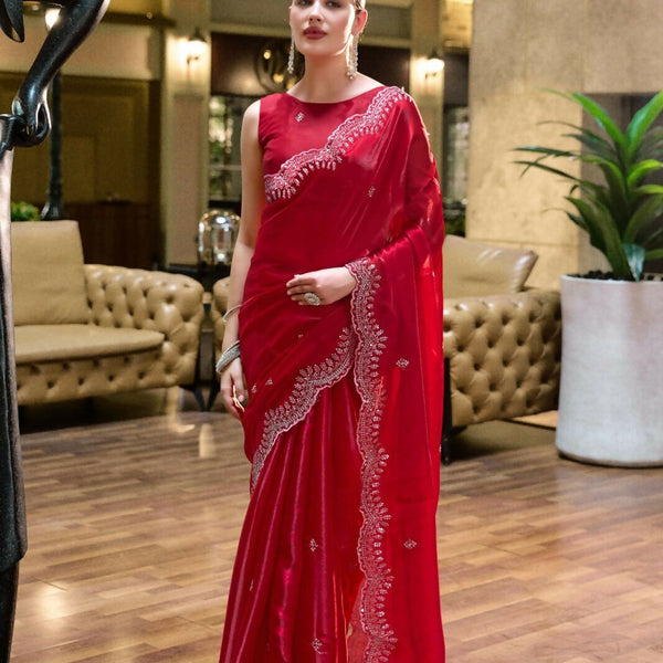 Vastranavya Red Embroidery Work Shimmer Chiffon Saree with Unstitched Blouse