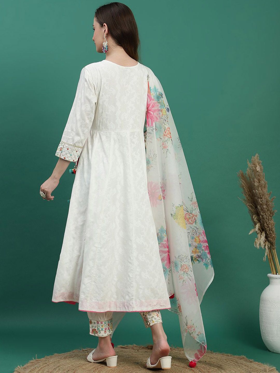 Sangria White Floral Embroidered Mirror Work Angarakha Kurta With Trousers & Dupatta - Distacart