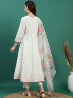 Thumbnail for Sangria White Floral Embroidered Mirror Work Angarakha Kurta With Trousers & Dupatta - Distacart