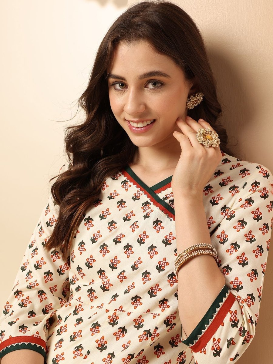 Anouk Off White Floral Printed Angrakha Anarkali Kurta With Trouser & Dupatta - Distacart