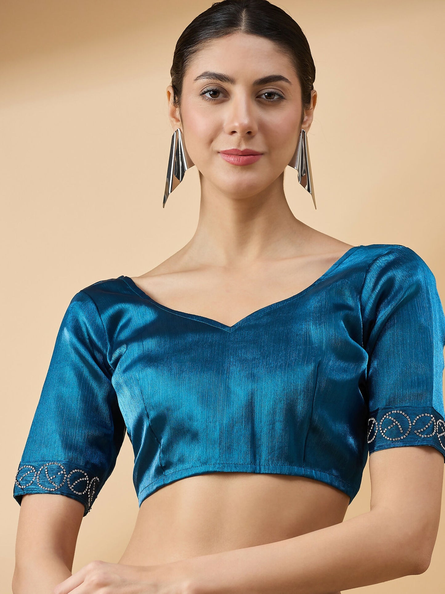 Teal Organza Swaroski Diamond Work Saree with Unstitched Blouse - Radha - Distacart