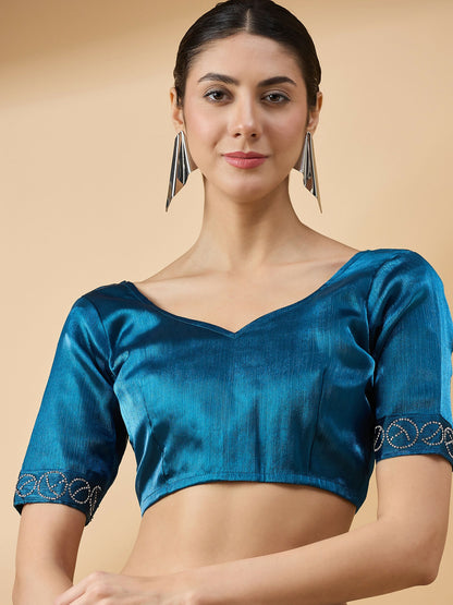 Teal Organza Swaroski Diamond Work Saree with Unstitched Blouse - Radha - Distacart