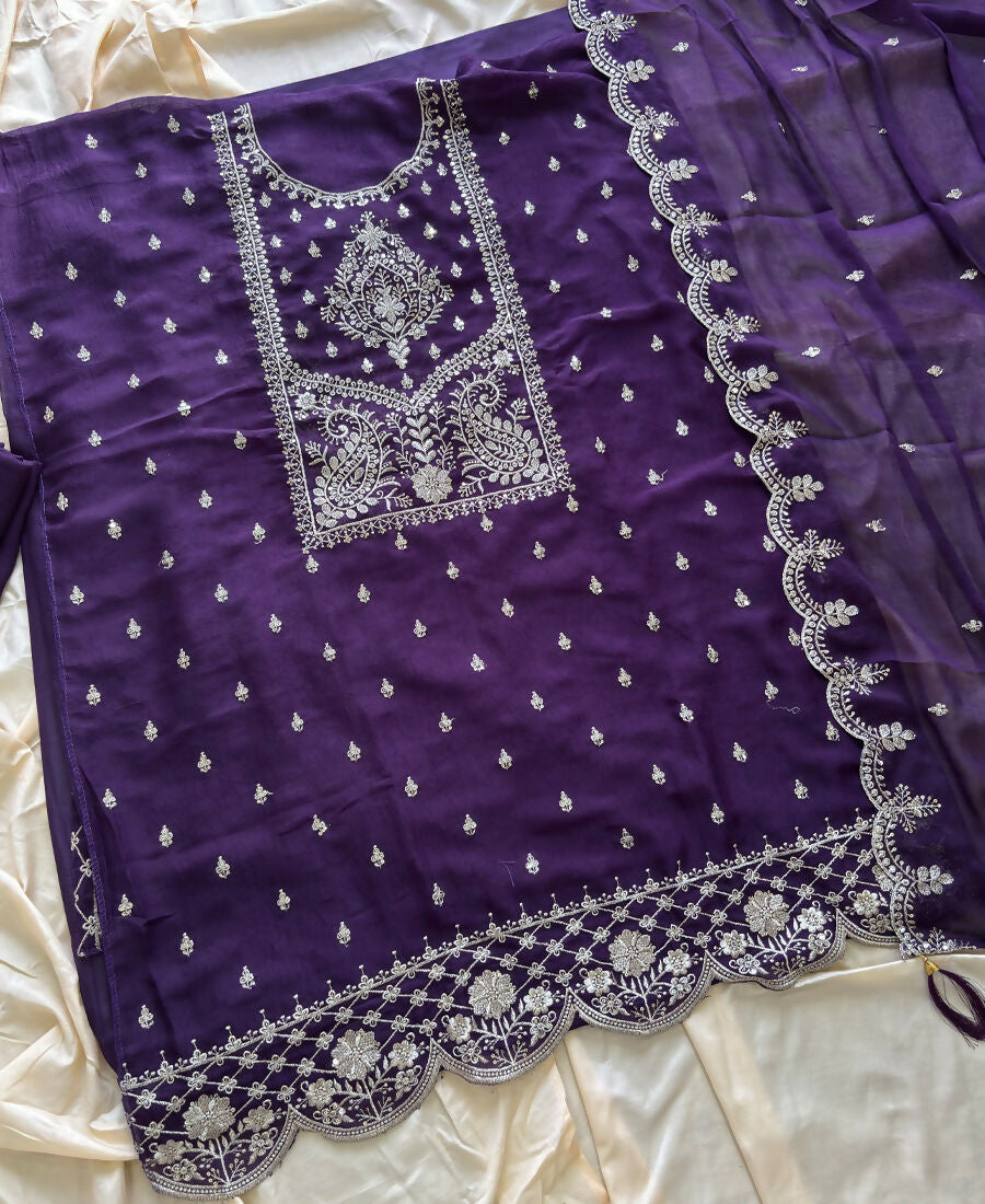 KC Purple Wedding Wear Embroidered Crush Silk Salwar Suit - Dista