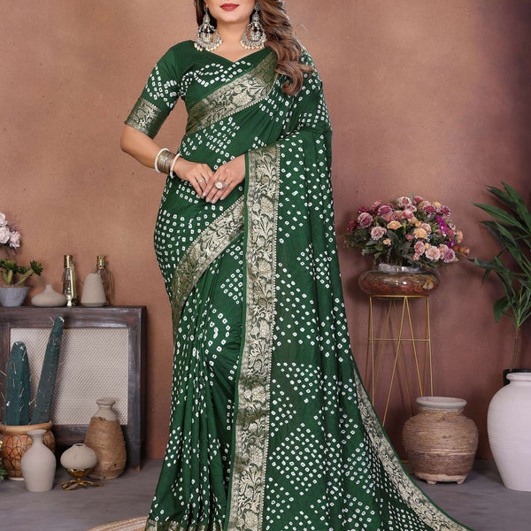Aastha Fashion Green Pure Dola Silk Handmade Original Bandhej Saree - Distacart