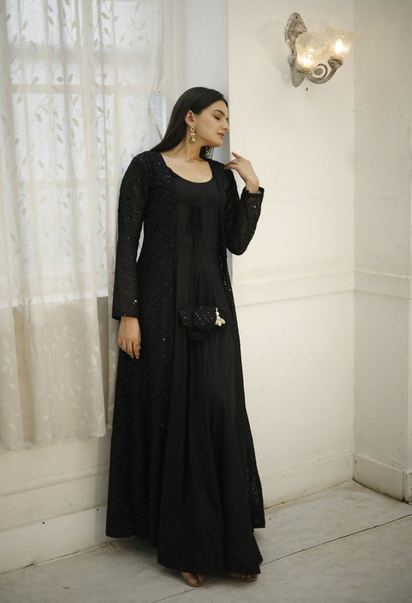 Aastha Fashion Women's Black Designer Rayon Gown with Crochet Embroidery Work Shrug - Distacart