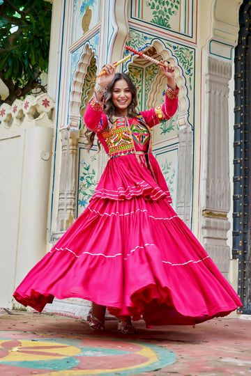 Teeya Creation Womens New Stylish Heavy Gamthi Work With Mirror Lace Work Pink Gown Set - Dista