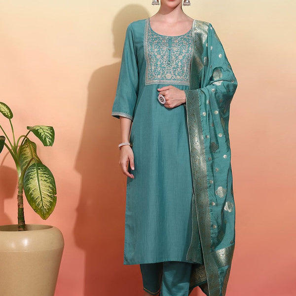 Ode by House of Pataudi Women Embroidered Regular Kurta with Trousers & With Dupatta - Distacart
