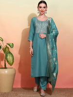 Thumbnail for Ode by House of Pataudi Women Embroidered Regular Kurta with Trousers & With Dupatta - Distacart