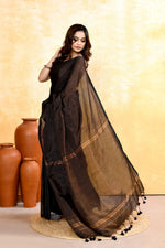 Thumbnail for Piyari Fashion Women's Black Embellished Cotton Blend Zari Check Handloom Saree - Distacart
