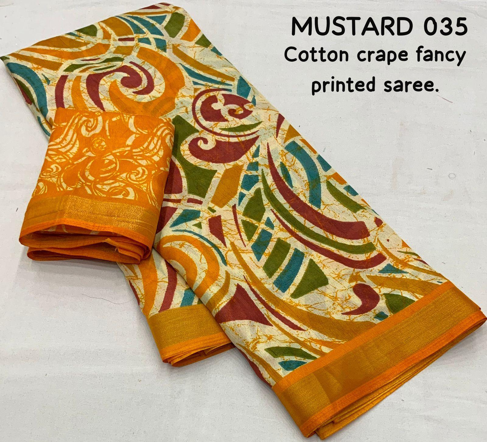 Mustard Cotton Crepe Batik Print Saree with Unstitched Blouse - Hiral Fashion - Distacart
