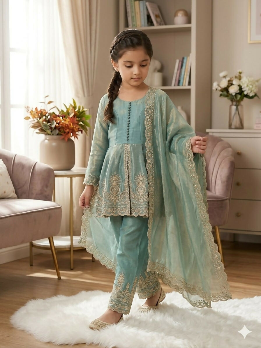 Teeya Creation New Kids Trendy Stylish Fully Stitched Ready To Wear Kurta Set -Turquoise - Dista