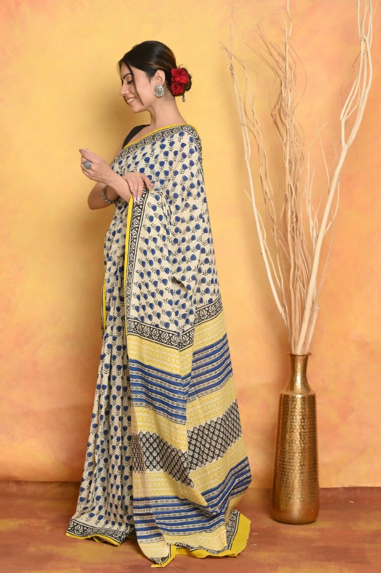 Very Much Indian Handblock Printed Cotton Saree With Natural Dyes - White - Distacart