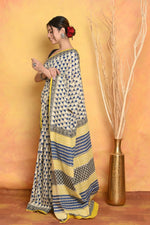 Thumbnail for Very Much Indian Handblock Printed Cotton Saree With Natural Dyes - White - Distacart