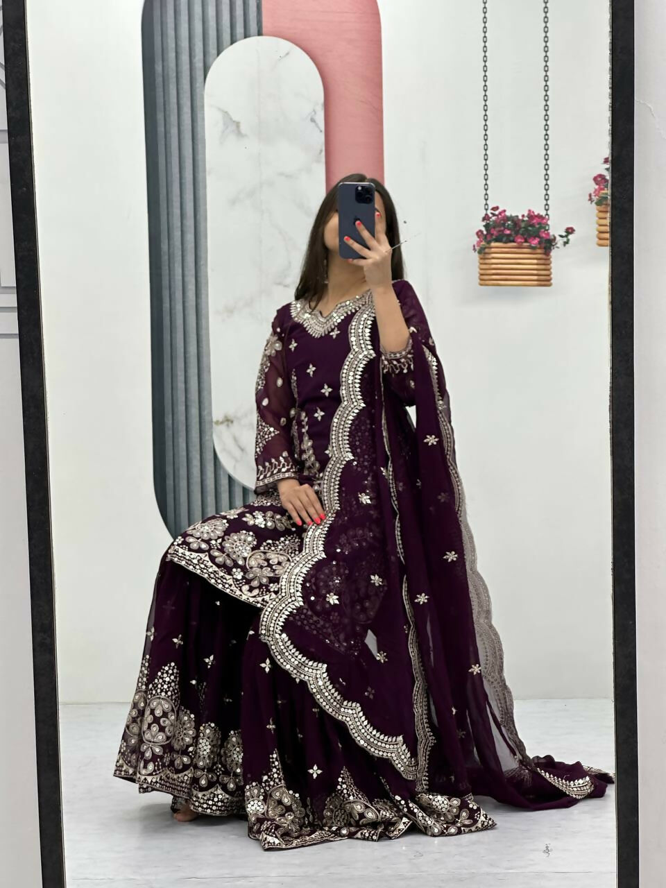 Teeya Creation Womens New Heavy Fox Georgette Fabric With Heavy Embroidery Work Wine Kurta Set - Dista
